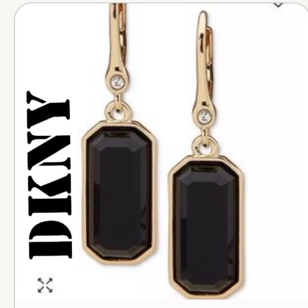 DKNY BLACK STONE BEZEL SET RECTANGULAR DROP EARRINGS